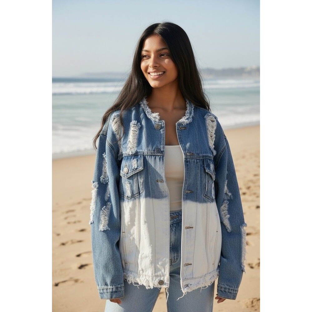 POL NEW! distressed pocketed jean jacket oversized sz M boho hippie collegiate